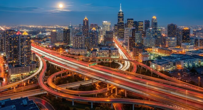 Cityscape at night elevated highways and illuminated skyscrapers
