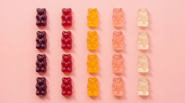Top-down view of colorful gummy bears pattern on pink background