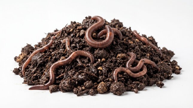 Heap of dark potting soil with wiggling earthworms on white