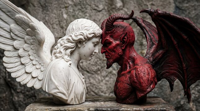 White angel sculpture and red devil statue face to face on stone background