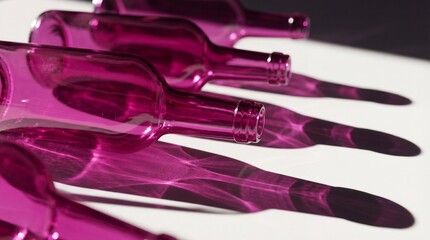 Naklejka premium A close-up view of several pink glass bottles lying on their sides with shadows cast on a white surface