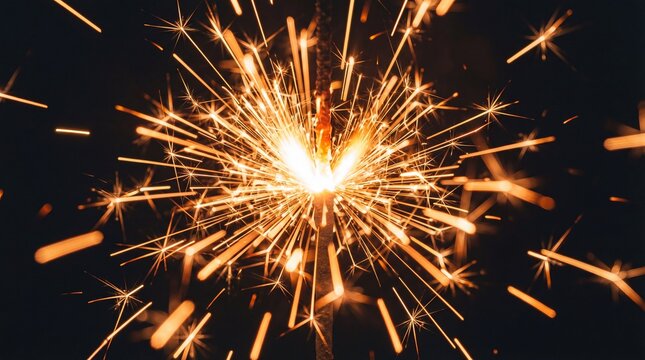 A sparkler emits bright sparks against a dark background, creating a festive and celebratory atmosphere.