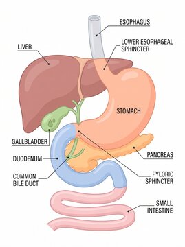The human digestive system with labeled parts including liver, stomach, and small intestine in a medical illustration