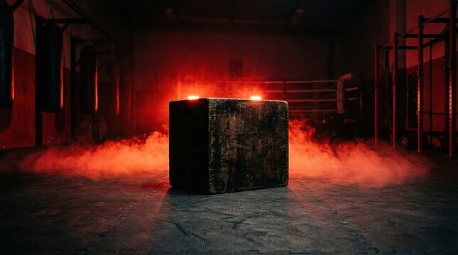 Wooden plyometric box in gym with red smoke, crossfit training equipment for jumping exercises and fitness workout