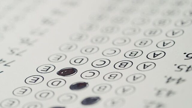 Female Student Taking Exam, Filling Multiple Choice Test. Certification Assessment Career