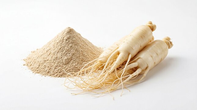 Fresh Plump Korean Ginseng Roots beside Ginseng Powder on White Background