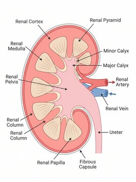 Detailed anatomical illustration of a human kidney with labeled parts including renal cortex, medulla, and fibrous capsule in a medical setting