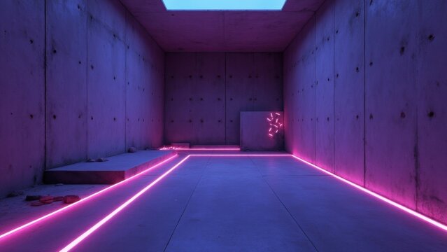 A minimalist concrete room with pink neon lights creating an abstract atmosphere.