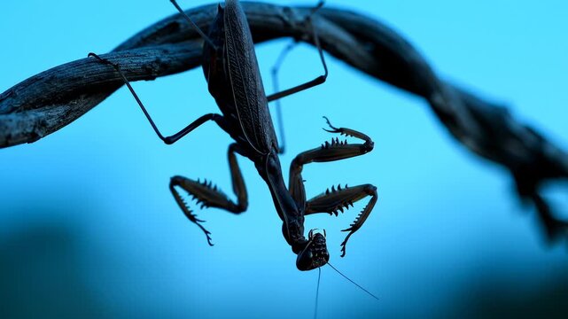 Close-Up Macro Shot of a Praying Mantis Hanging Upside Down on a Twig