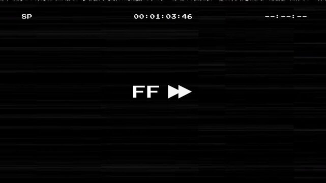 Retro VHS fast forward screen with analog glitch effects film defect and timecode overlay on black background for vintage video editing projects