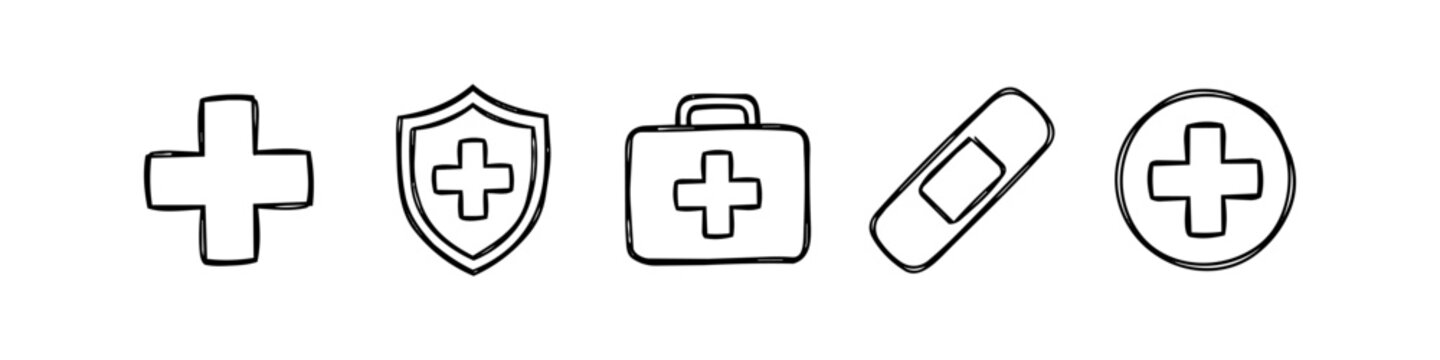 Set of hand-drawn medical icons including a cross, shield, first aid kit, and bandage. Minimalist black ink doodle style for healthcare, insurance, and emergency design projects.
