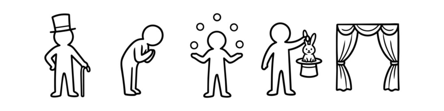 Set of minimalist line art icons for a magic show, featuring a magician with a top hat, a figure bowing, juggling balls, a rabbit in a hat trick, and theater curtains.