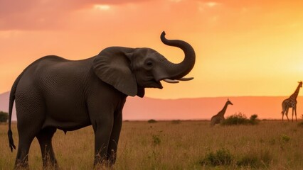 Naklejka premium Two iconic African animals, an elephant and a giraffe, captured during the golden hour at sunset in their natural habitat.