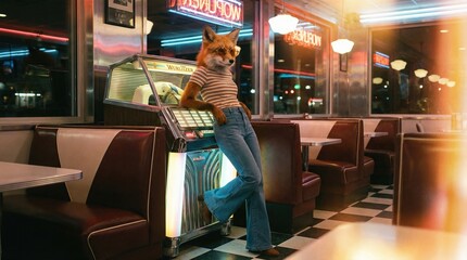 Fototapeta premium Fox woman in round sunglasses posing at retro fifties diner with jukebox. Animal holiday.