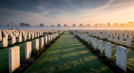Obraz premium Poignant war cemetery at sunrise, with endless rows of white gravestones shrouded in mist, honoring fallen soldiers and sacrifice in a serene landscape