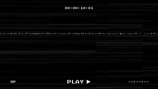 VHS glitch overlay with play text and timer on black background featuring analog film defect and static noise for retro video editing effects
