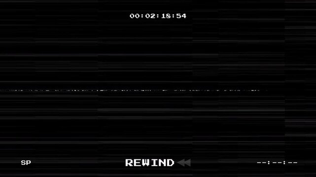 VHS Rewind Glitch Effect with Analog Tape Noise and Retro Timecode Overlay on Black Background. Vintage Film Defect Texture for Retro Video Editing and Motion Graphics.
