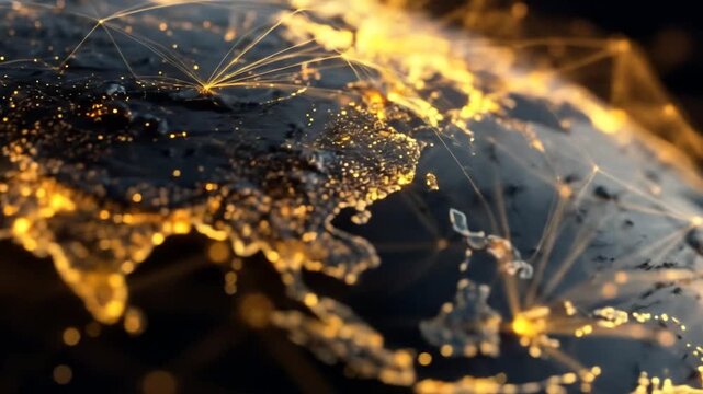 Global network connection over Europe, showing digital data flow and communication across a glowing world map with bright points