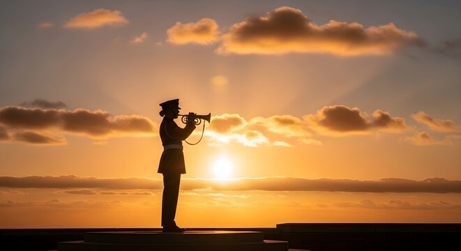 A lone bugler in solemn silhouette performs a poignant tribute against a breathtaking sunset over tranquil waters, evoking honor and remembrance