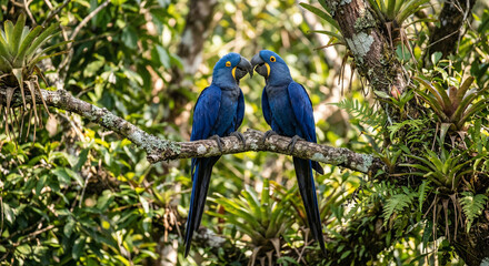 Fototapeta premium A close-up image of two vibrant blue parrots perched on a branch, engaging in an affectionate interaction. The lush greenery and dense vegetation provide a serene backdrop to this captivating scene.