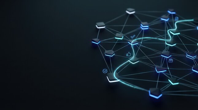 Glowing modular workflow network with routed path and approval symbols on dark background, enterprise orchestration header with left copy space
