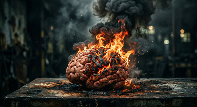 An evocative image of a brain set ablaze on an industrial background.