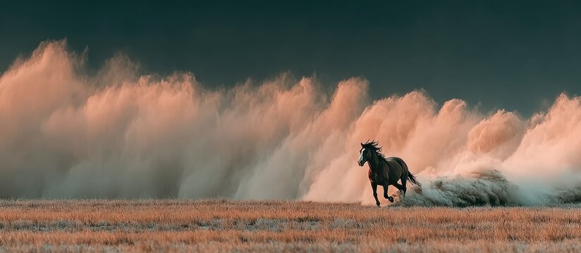 A lone horse gallops through dust on a plain under a dramatic sky