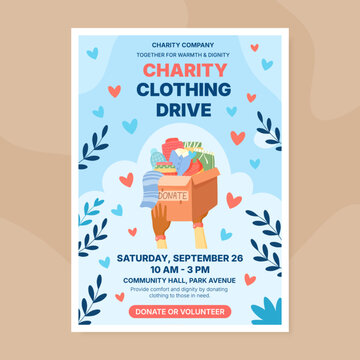 Charity clothes donation box with flat light background. Needy community receive cloth and care as people share a gift of support. Homeless aid poster and banner print for donation drive donate