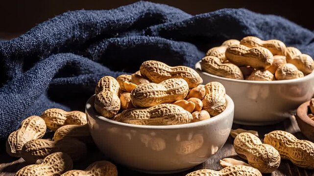 Close-Up of Roasted Peanuts in Shells Piled in Bowls on a Wooden Table With Blue Fabric