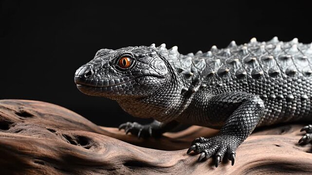 Black spiky lizard on driftwood with bright orange eyes