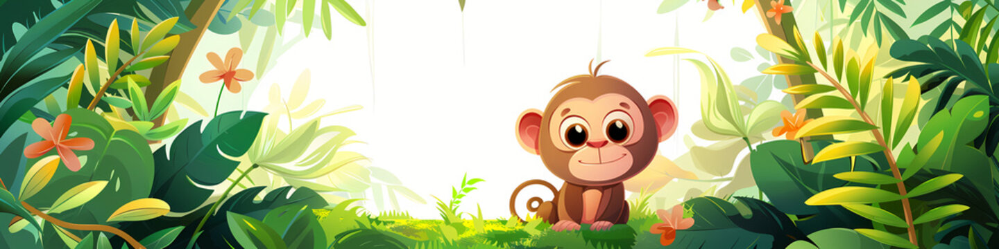 Cute small baby monkey sitting in jungle with tropical leaves. Kids animal character illustration for nursery or kindergarten design. Banner with copy space