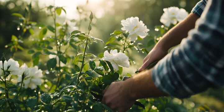 Hands pruning white roses in garden during golden hour
