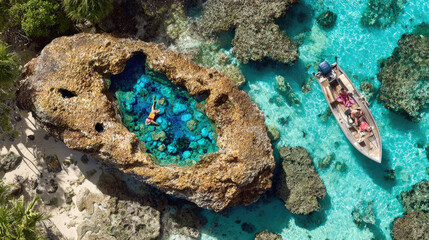 Obraz premium Aerial view of a boat near a rock formation in clear blue water.
