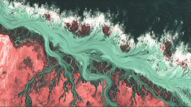 Aerial View of River Delta with Colorful Sediment Deposits.