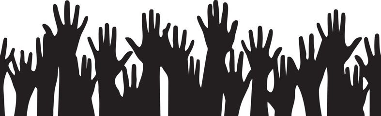 Obraz premium Silhouette of Solidarity: Silhouette of raised hands demonstrating unity and collaboration among many people. Symbolizing participation and expressing collective support.