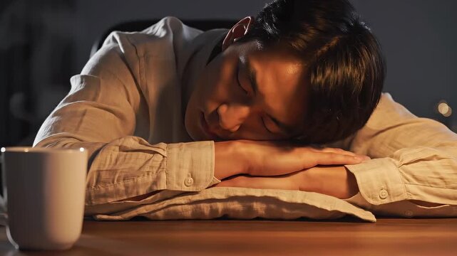 Exhausted businessman sleeping on his office desk under a dim desk lamp late at night, representing burnout concept and overwhelming work pressure