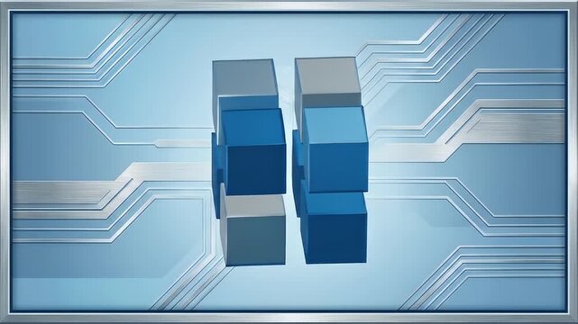 Abstract blue cube structure with metallic accents on circuit board patterned backdrop for futuristic technology designs