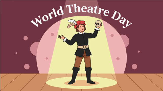 Cartoon performer holding comedy and tragedy masks on stage for World Theatre Day