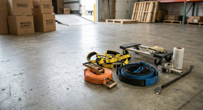 A warehouse floor with various materials and supplies scattered around, including boxes, straps, cables, and wooden pallets.