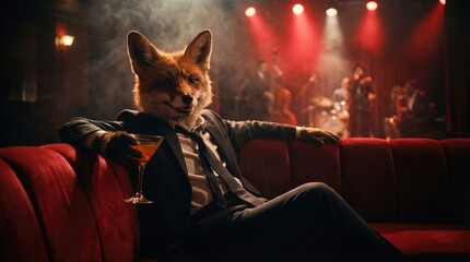 Fototapeta premium Fox in suit relaxing on a red couch with a cocktail in a dimly lit bar, enjoying a jazzy concert. Animal dressed as a person relaxing during holiday party.