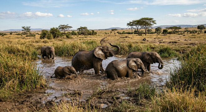 Group of wild elephants bathing and playing together at a waterhole on a sunny day.