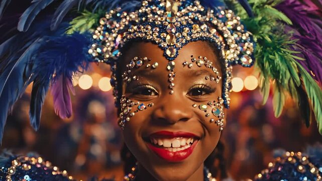 Young Girl Wearing Elaborate Carnival Costume With Feathers and Jewels, Smiling