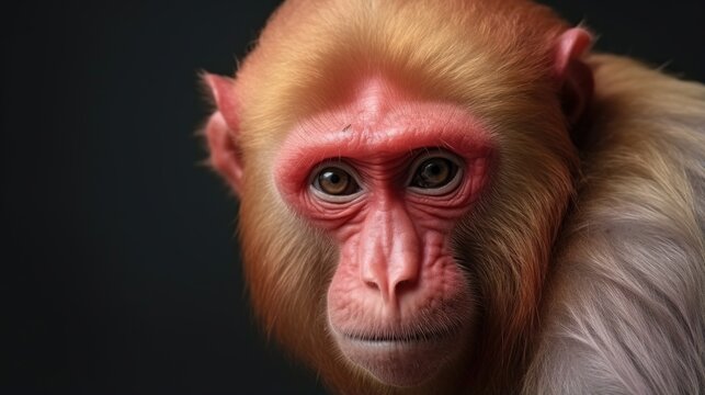 Close-Up Portrait of a Rhesus Macaque Monkey with Pink Facial Skin and Golden Fur Against a Dark Background