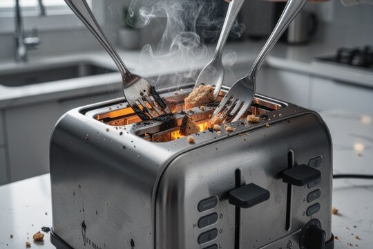 Toaster with forks inserted causing sparks and burning crumbs on countertop