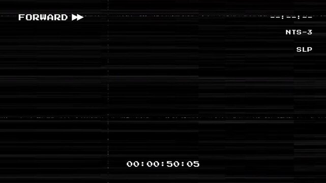 Vintage VHS forward playback screen with digital timecode and tracking noise distortion featuring analog film defects and glitch effects on a dark background for video editing