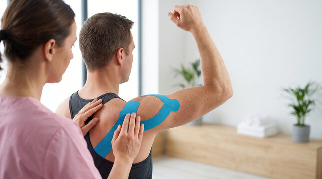 Side view of therapist examining athlete shoulder with blue kinesiology tape in modern clinic