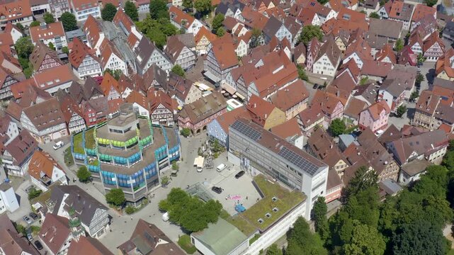 Aerial view of the old town above the city of Waiblingen in south Germany, on a cloudy spring day