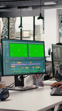 Vertical Video Mockup and AI generated video of the planet Mars displayed on dual monitors, scene shows woman using PC with artificial intelligence tools and neural networks for extraterrestrial space