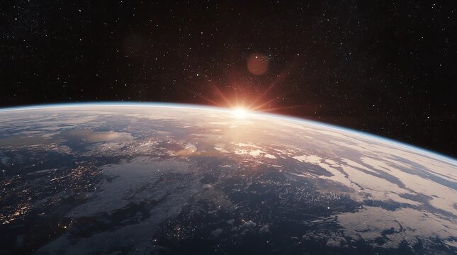 Epic Rotate Earth Close Up Surface Star Background. Sun Beam Glow Celestial Outer Space Deep Universe Exploration Concept 3D Animation