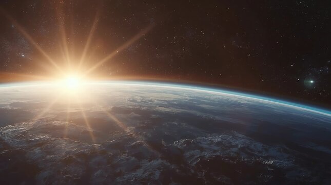 Epic Rotate Earth Close Up Surface Star Background. Sun Beam Glow Celestial Outer Space Deep Universe Exploration Concept 3D Animation